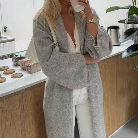 Grey Casual Women's V-Neck Buttonless Super Loose Long-Sleeved Knitted Cardigan - Picture 1 of 8